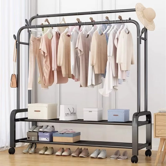 Organisateur de vêtements portable en métal inoxydable avec double tige, crochets et 4 roulettes (48kg)
