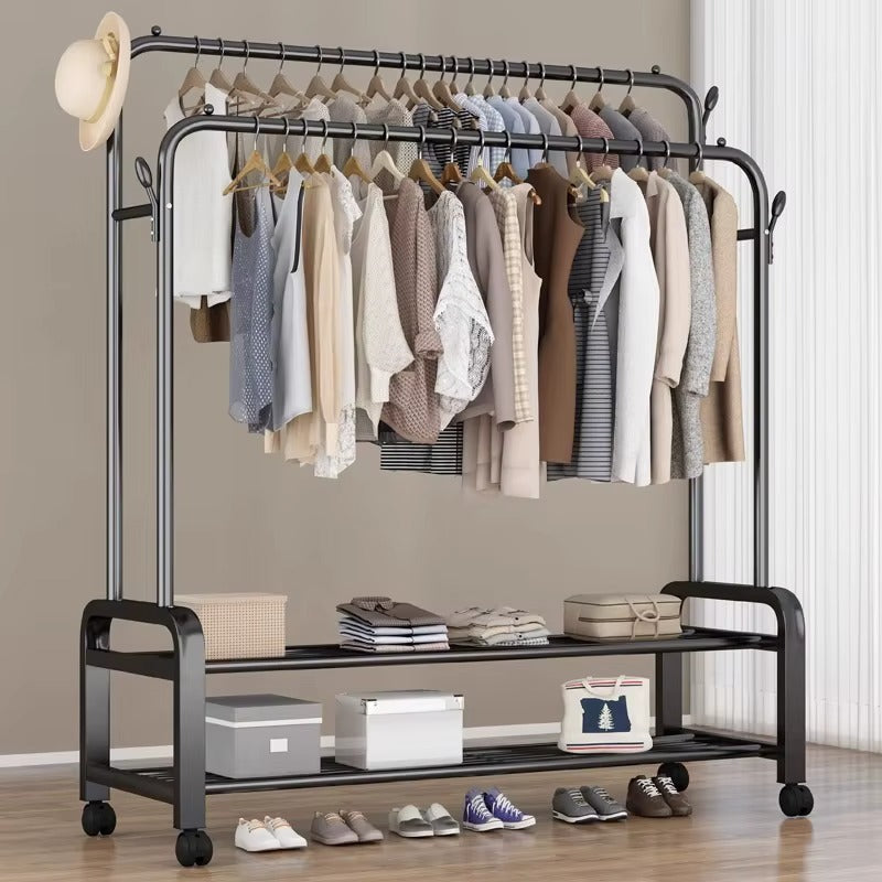Organisateur de vêtements portable en métal inoxydable avec double tige, crochets et 4 roulettes (48kg)