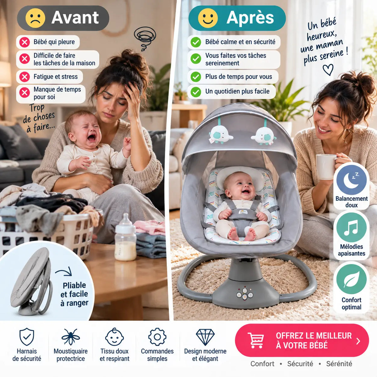 Balançoire Automatique pour Bébé – 5 modes de balancement, 3 positions d'inclinaison et musique Bluetooth pour plus de confort au quotidien