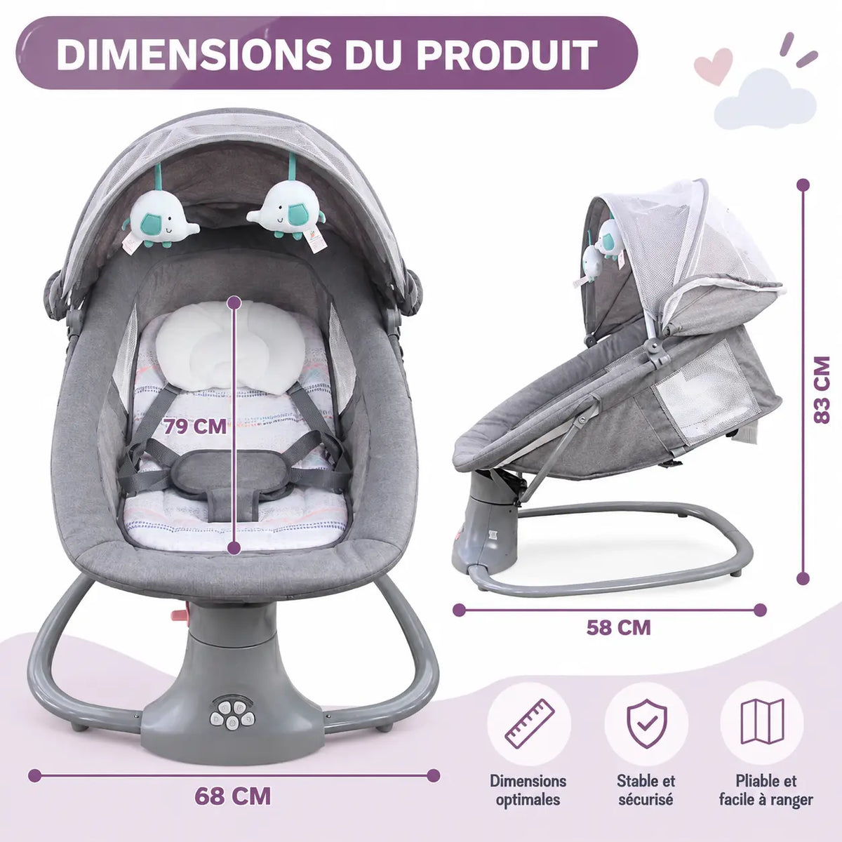 Balançoire Automatique pour Bébé – 5 modes de balancement, 3 positions d'inclinaison et musique Bluetooth pour plus de confort au quotidien