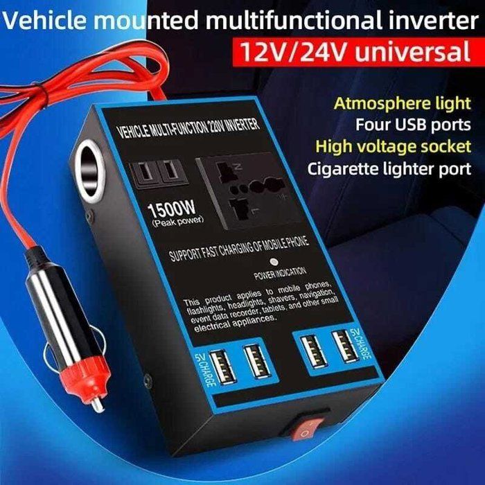 Onduleur de voiture - Multi-Function - 1500W - 4 ports USB - 1 prise haute tension - 2 ports allume-cigare