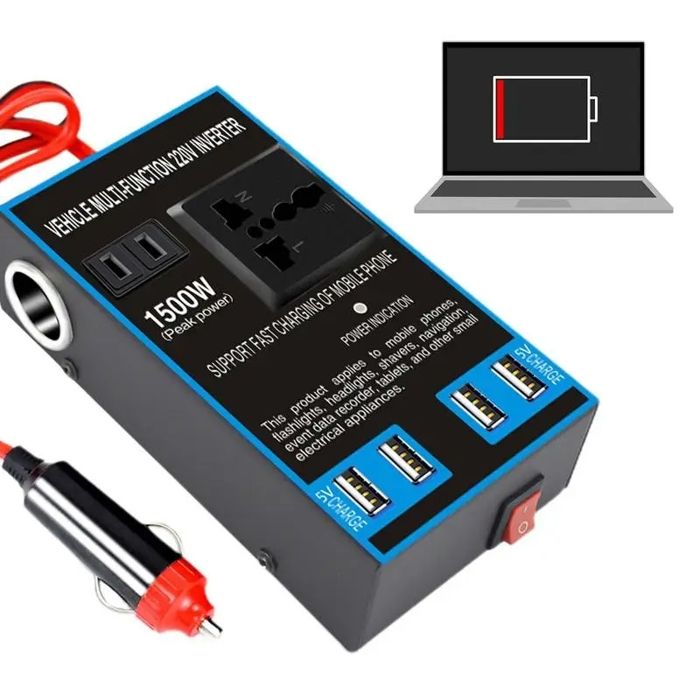 Onduleur de voiture - Multi-Function - 1500W - 4 ports USB - 1 prise haute tension - 2 ports allume-cigare