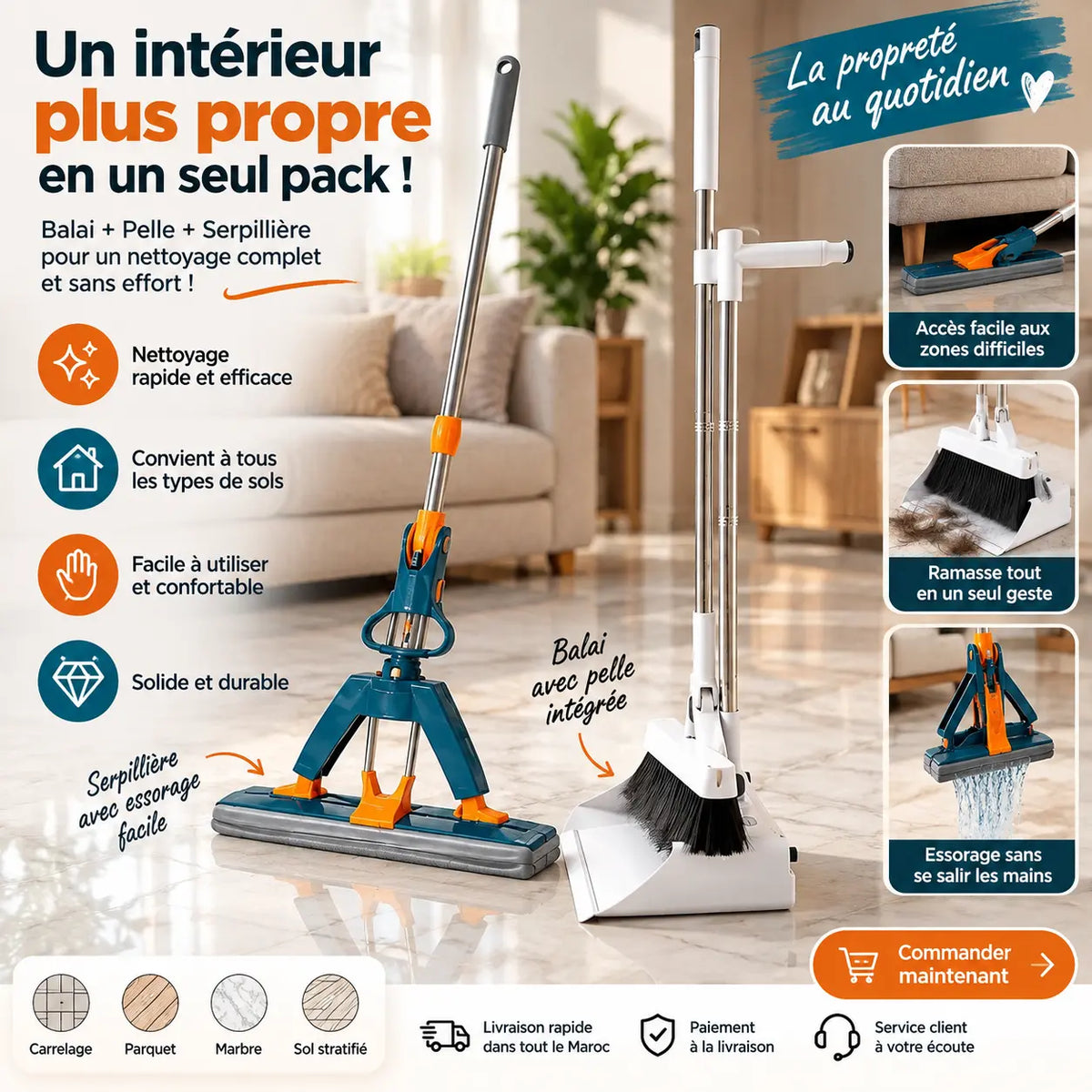 Pack CleanPro™ 3-en-1 – Balai, Pelle & Serpillière 180°