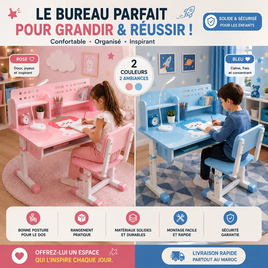 Ensemble Bureau & Chaise avec lampe, ergonomique et comfortable pour Enfants