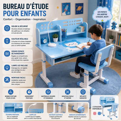 Ensemble Bureau & Chaise avec lampe, ergonomique et comfortable pour Enfants