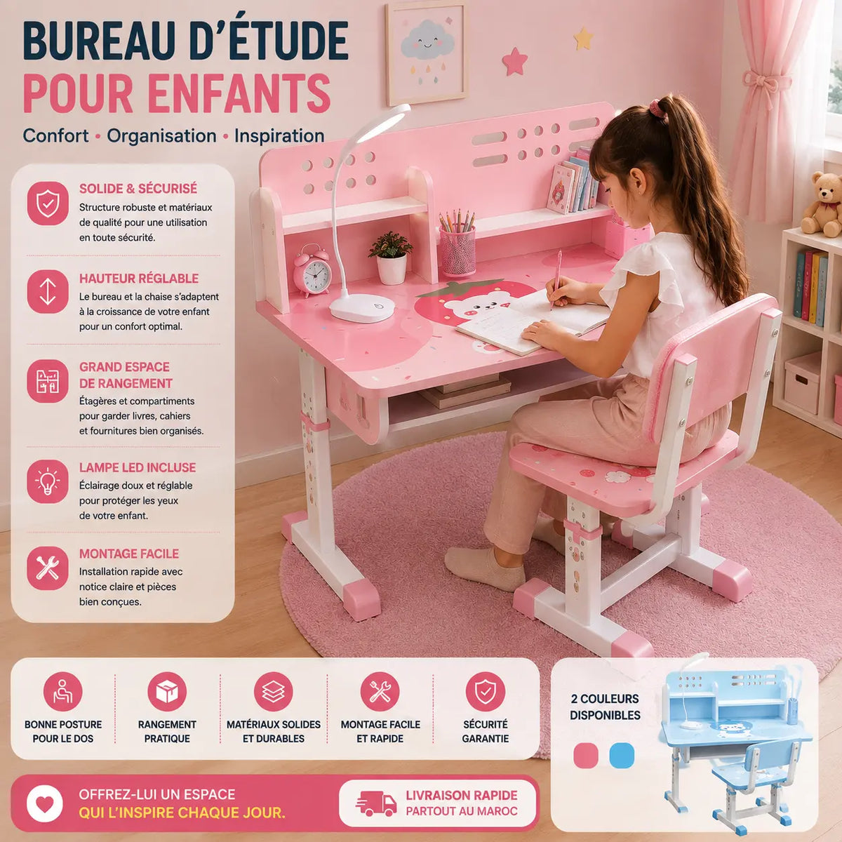 Ensemble Bureau & Chaise avec lampe, ergonomique et comfortable pour Enfants