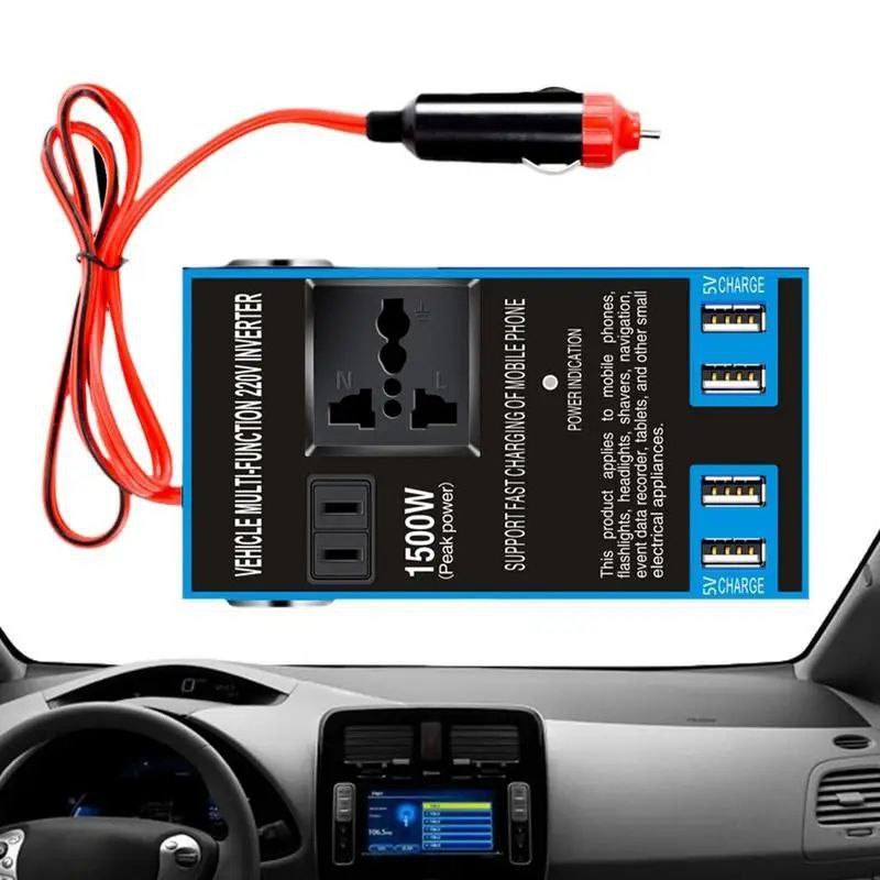 Onduleur de voiture - Multi-Function - 1500W - 4 ports USB - 1 prise haute tension - 2 ports allume-cigare