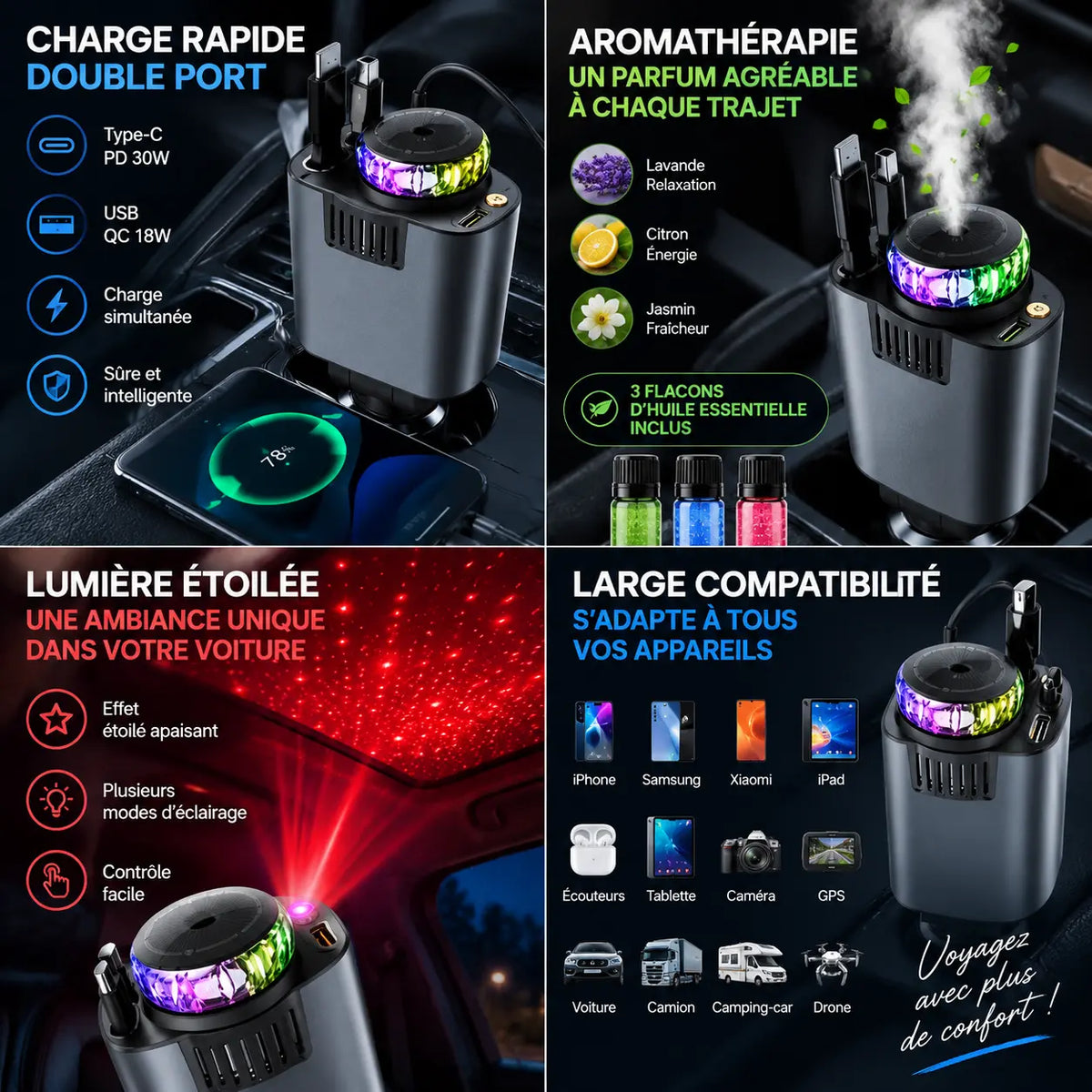 Chargeur de voiture 5 en 1 type C et IOS Super Charge Rapide, avec diffuseur d'arômes et starlight