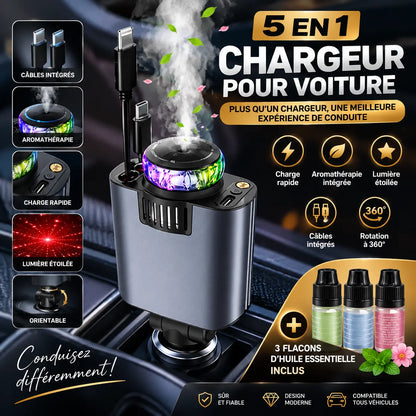Chargeur de voiture 5 en 1 type C et IOS Super Charge Rapide, avec diffuseur d'arômes et starlight