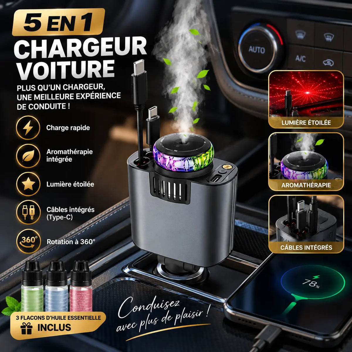 Chargeur de voiture 5 en 1 type C et IOS Super Charge Rapide, avec diffuseur d'arômes et starlight