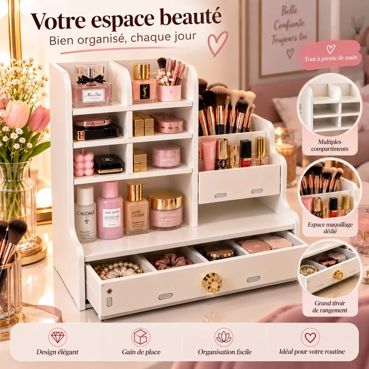 Organisateur maquillage avec tiroir premium pour femmes