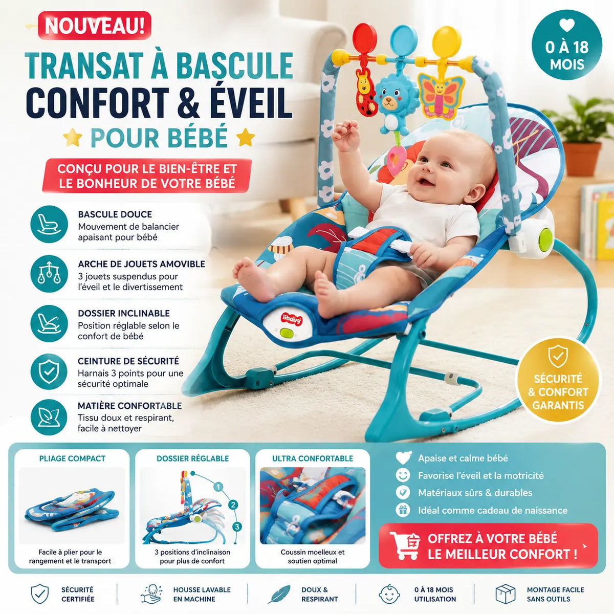 Transat a bascule Relax Évolutif  3 en 1 pour Bébé – Confort, Jeu & Repos